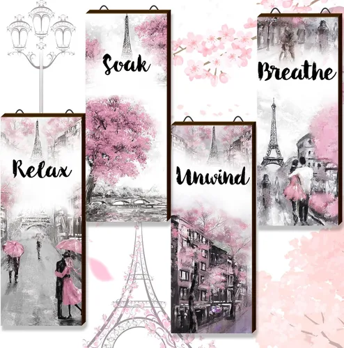 Miniatura 9 de Gerrii 3 Piezas de Decoración de Baño Rosa y Gris Decoración de París Relajarse Remojarse Desconectar Respirar Arte de Pared de Granja Baño Boda