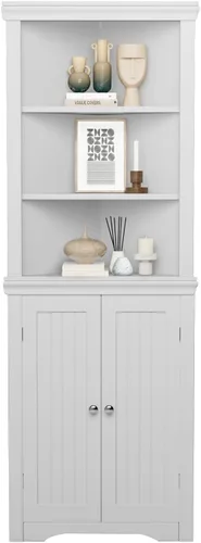 Miniatura 8 de JUMMICO Armario esquinero de baño con 2 puertas y estantes de 3 niveles, armario de almacenamiento esquinero independiente para baño, sala de estar