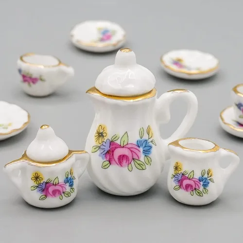 Miniatura 3 de Odoria Juego de té de porcelana en miniatura 1/12, 15 piezas, accesorios de decoración de casa de muñecas, flor rosa
