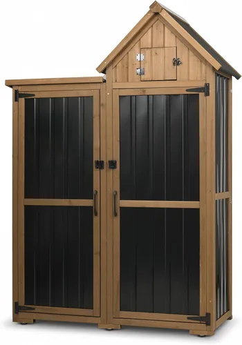 Miniatura 11 de Ketive Gabinete de almacenamiento para exteriores, armario alto de jardín para herramientas con techo resistente a la intemperie, puertas con doble