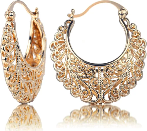 Aretes de filigrana, estilo vintage, con filigrana, ovalados, chapados en oro, aretes colgantes chapados en oro, aretes bohemios amarillos para mujer