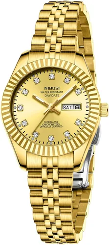 NIBOSI Relojes para mujeres, reloj analógico de cuarzo, esfera de acero inoxidable con día y fecha, luminoso, impermeable, elegante, clásico, de
