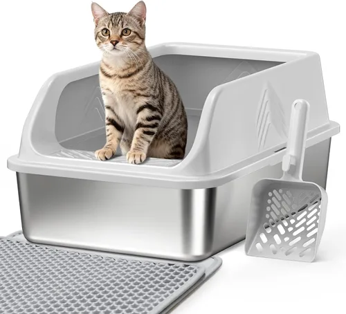 Miniatura 8 de Caja de arena de acero inoxidable con tapa, cajas de arena de metal para gatos de alta cara cerrada para gatos pequeños y gatos lesionados, conejo