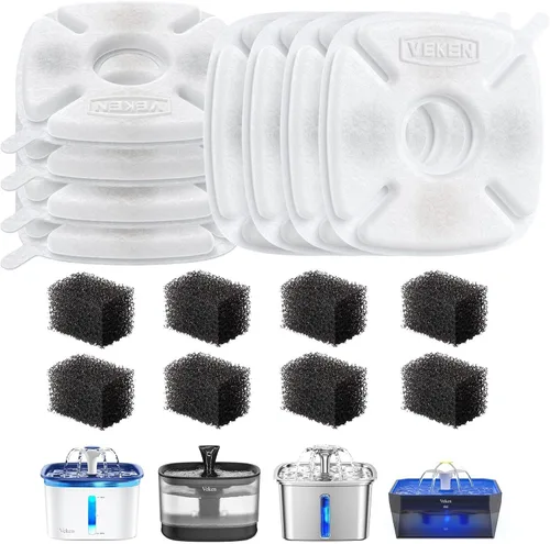 Miniatura 12 de Veken Filtro de fuente de agua para gatos, paquete de 4 filtros clásicos de repuesto y 4 esponjas de repuesto para dispensador automático de agua