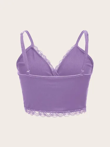 Miniatura 2 de MakeMeChic Camiseta corta sin mangas con cuello en V y ribete de encaje Y2K para mujer