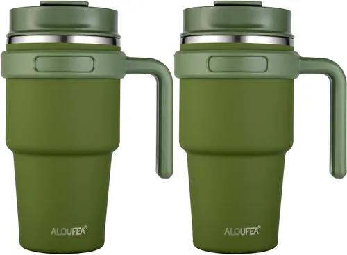 Miniatura 8 de Taza/vaso de café aislado de 20 onzas con asa, vaso de viaje de acero inoxidable con tapa y popote, vaso de doble pared con aislamiento al vacío a