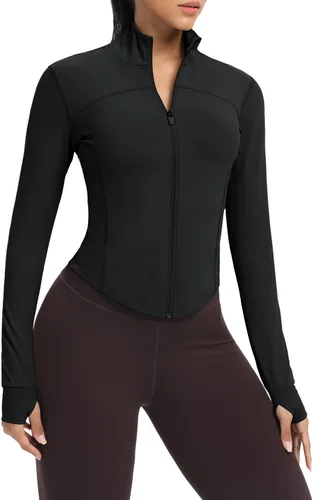 Miniatura 40 de AVGO Chaquetas de entrenamiento recortadas para mujer, con cremallera, ajustadas, atléticas, con agujeros para el pulgar