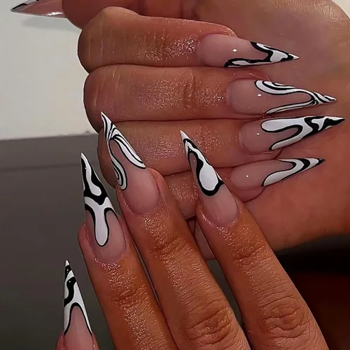 Miniatura 8 de Uñas postizas a presión de color rojo vino brillante, uñas postizas largas de almendra, uñas postizas onduladas doradas irregulares con pegamento