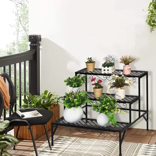 Miniatura 2 de Giantex Soporte de metal negro para plantas de 3 niveles, soportes de metal para plantas con 6-9 soportes de capacidad en maceta, estante