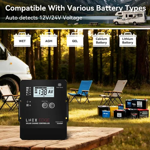 Miniatura 7 de LNEX Controlador de carga solar con diseño de montaje empotrado, carga de 6 etapas con pantalla LCD 12V/24V controlador PWM automático 30A