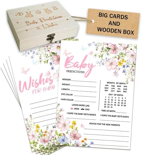 50 tarjetas de predicción de bebé para juegos de baby shower, tarjetas de deseos y consejos de flores silvestres con caja para decoraciones de baby