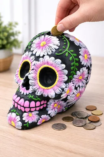 Miniatura 2 de Banco de monedas con diseño floral de calavera de azúcar negra y rosa de 5 pulgadas