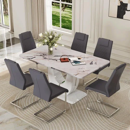 Miniatura 16 de Juego de 6 sillas de mesa de comedor para 6, juego de 6, moderno juego de comedor con mesa de comedor de mármol de 63 pulgadas, sillas tapizadas