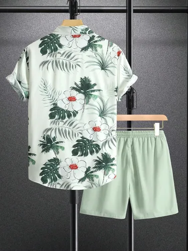 Miniatura 3 de SHENHE Conjunto de camisa y pantalones cortos de manga corta con botones de 2 piezas para hombre