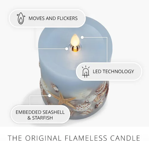 Miniatura 2 de Luminara Vela LED sin llama, de cambray suave, incrustada en concha y estrella de mar, pilar de llama móvil, cera real sin perfume con borde