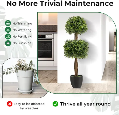 Miniatura 6 de Goplus Árbol de bola artificial de boj de 40 pulgadas, paquete de 2 plantas artificiales en maceta con maceta de plástico rellena de cemento