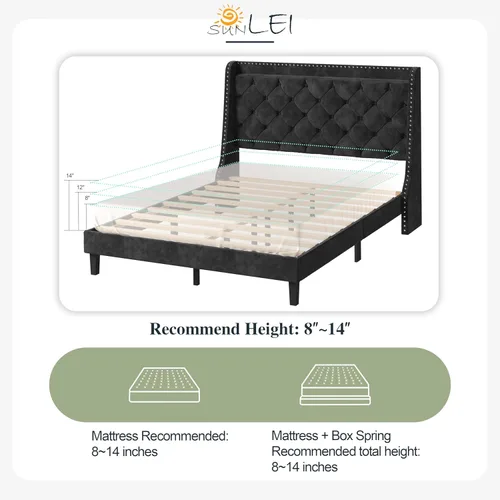 Miniatura 6 de SUNLEI Base de cama Queen con cabecera de almacenamiento, base de cama tapizada de terciopelo con cabecera copetuda con respaldo de alas, soporte