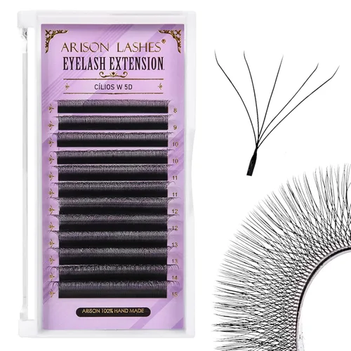 Arison Lashes Extensión de pestañas en forma de W 5D, abanicos prefabricados de volumen suave natural, abanicos de imitación de visón negro mate, 12