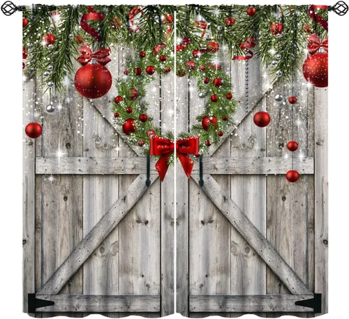 Miniatura 13 de Cortinas de Navidad de gnomo, bolas de árbol de Navidad, luces, regalos, decoración de tablones para sala de estar, dormitorio, bolsillo para barra