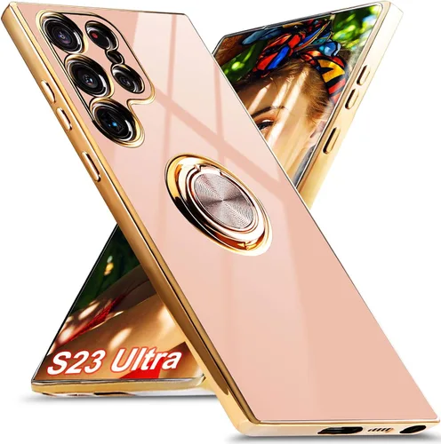 Miniatura 9 de Funda para Samsung Galaxy S23 Ultra 5G, soporte de anillo de rotación de 360° incorporado, soporte magnético, borde chapado brillante de lujo, Verde