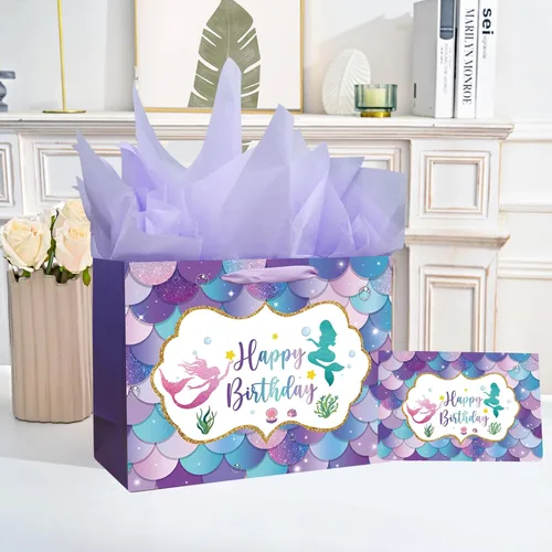Miniatura 5 de Laidans Bolsa grande de regalo de cumpleaños de sirena de 13 pulgadas con asa, papel de seda y tarjeta para niños y niñas (13 pulgadas morado)