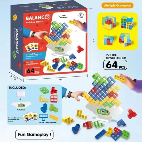 Miniatura 6 de Juego de torre apilable de 64 piezas con 22 cartas, juego gigante de equilibrio de caída para niños, juegos familiares para niños y adultos, regalos