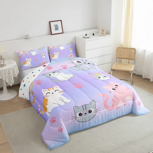 Miniatura 63 de Erosebridal Juego de ropa de cama para niños, tamaño individual, diseño de gatos de dibujos animados, para niñas, niños y adolescentes, edredón