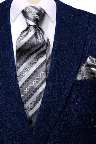 Miniatura 117 de Hi-Tie Corbatas de seda para hombre, diseño de cachemira a rayas, con bolsillo, gemelos cuadrados, conjunto formal de negocios