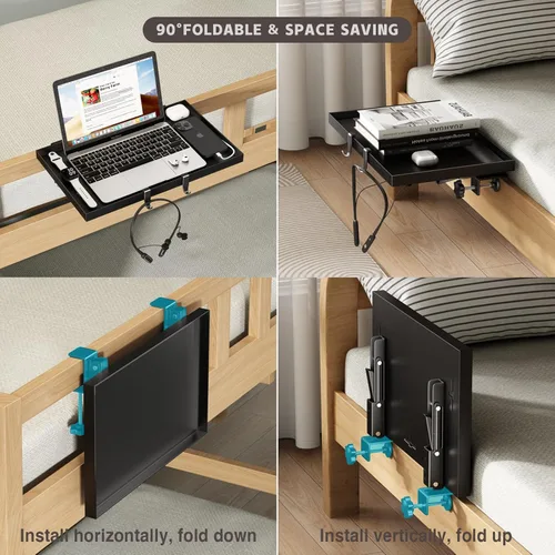 Miniatura 3 de Magheo Estante plegable para mesita de noche, estante de metal con clip para litera superior, bandeja de mesa auxiliar de cama resistente para Negro