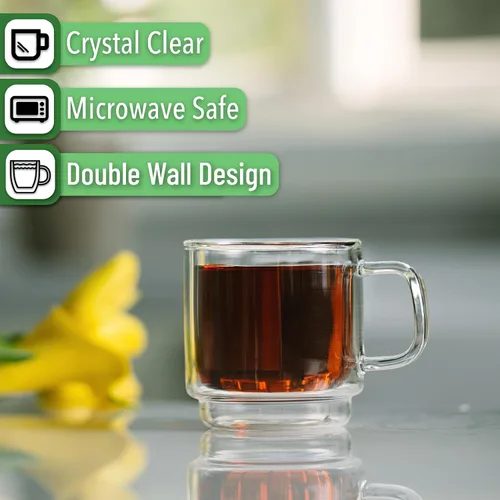 Miniatura 4 de BTAT - Tazas de café de vidrio apilables de doble pared, 8 onzas, juego de 4, tazas de café de vidrio con asa, taza de café transparente aislada