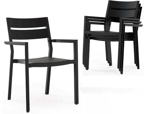Miniatura 27 de Pellebant Juego de 2 sillas de comedor apilables para exteriores, sillas de patio de aluminio con brazos, para todo tipo de clima, para jardín, Negro