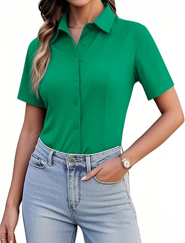 Miniatura 16 de Siliteelon Camisetas de Botón para Mujer, Ajustadas, de Manga Corta, Elásticas, Camisa de Vestir, Sin Arrugas, Sólida, Blusa de Trabajo
