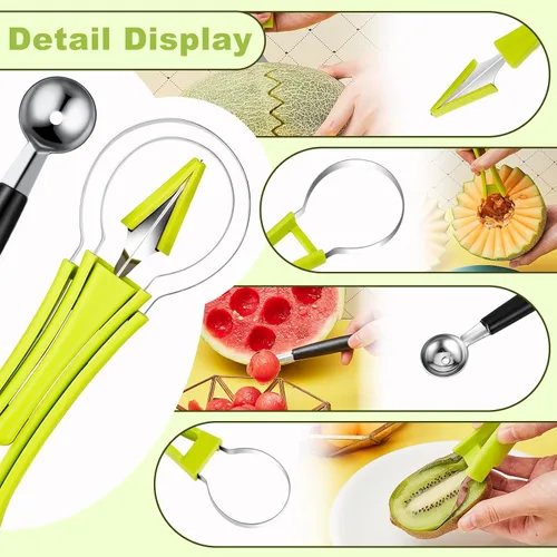 Miniatura 3 de Patelai Juego de 2 cucharas de melón Baller 4 en 1, cortadores de frutas de acero inoxidable, cuchara de sandía de doble punta y bola de helado