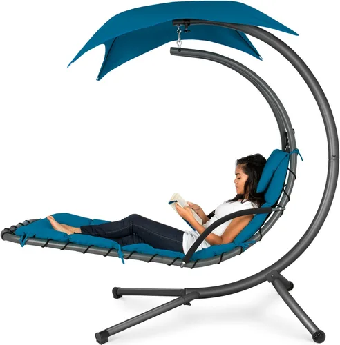 Miniatura 28 de Best Choice Products Silla colgante curva de acero para exterior, silla de descanso tipo chaise lounge con cojín integrado y toldo extraíble - Gris