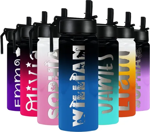Miniatura 31 de Botella de agua personalizada para niños con tapa de popote en azul aguamarina degradado para la escuela, nombre personalizado para niños, 18 onzas