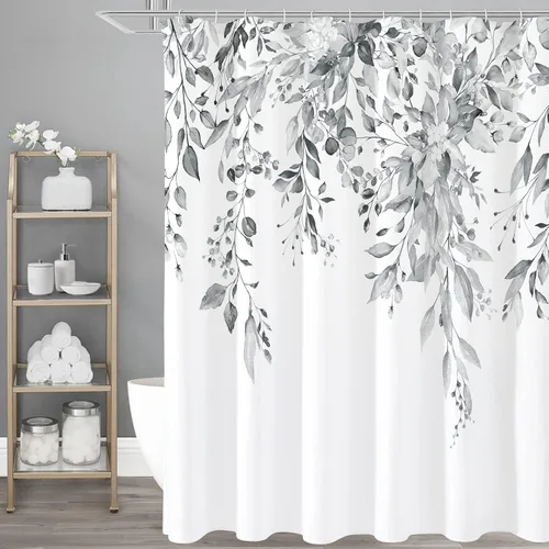 Miniatura 54 de Gibelle - Cortina de ducha de eucalipto marrón, hojas de plantas de acuarela con diseño floral, juego de cortina de ducha con ganchos, 72 x 72