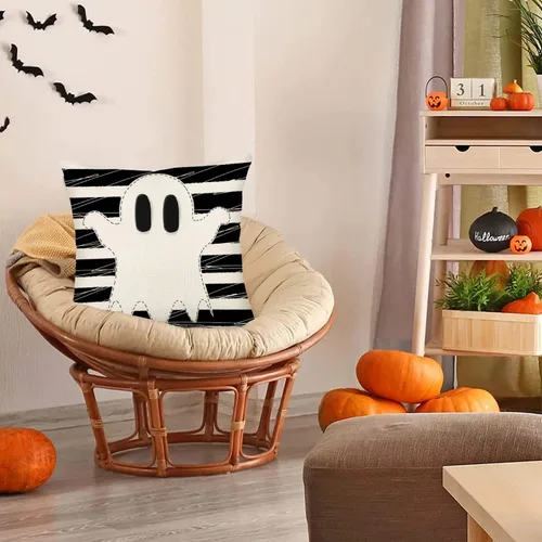 Miniatura 4 de Funda de almohada de fantasma de Halloween de 16 x 16 pulgadas, rayas blancas y negras con espeluznantes fundas de almohada de lino y algodón