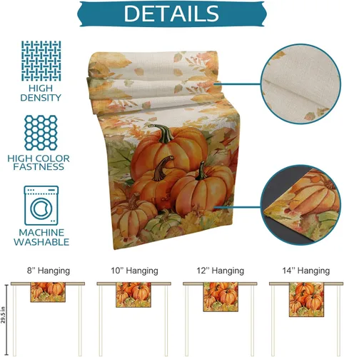 Miniatura 7 de Camino de mesa de calabazas de Acción de Gracias de otoño - Lino de algodón de 108 pulgadas, bufandas rústicas de tocador para cosecha de calabazas
