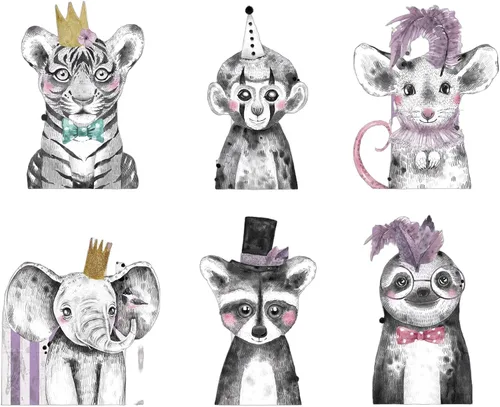 Ritzy Rose Arte de animales de circo morado para niños, impresiones caprichosas para pared, 6 pósteres infantiles para habitación del bebé (sin