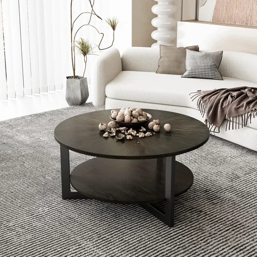 Mesa auxiliar redonda con estante de almacenamiento, mesa central circular de 33.5 pulgadas con patas de metal negro, mesa de cóctel industrial de 2