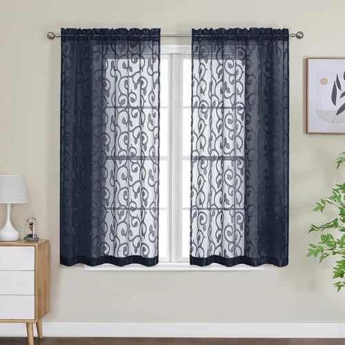 Miniatura 91 de OWENIE Furman - Juego de 2 paneles de cortinas traslúcidas negras de 24 pulgadas de largo, cortinas semitransparentes de jacquard ligeras y aireadas