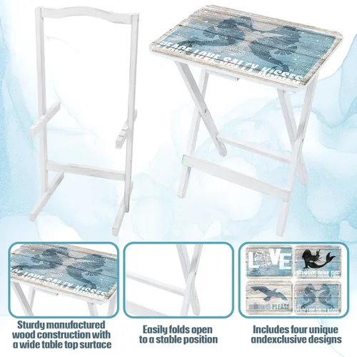 Miniatura 5 de Sintuff Juego de 4 bandejas de TV de playa costeras con soporte, cabo, artesanos, sirena, plegable, de madera, decorativa, mesa de comedor, casa