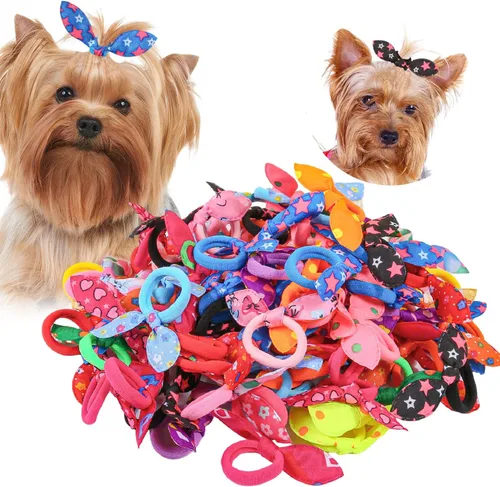 XIMA Juego de accesorios para el pelo de perro, 100 piezas coloridas de orejas de conejo con bandas elásticas, lazos de aseo para mascotas para 100