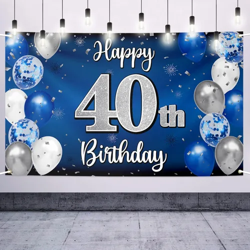 Decoraciones de Feliz Cumpleaños 40, Globo Azul y Plateado 40 Pancarta Grande de Fondo Letrero de Cumpleaños, Salud por Cuarenta Años Suministros 40º