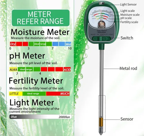 Miniatura 5 de Probador de Suelo, Medidor de Humedad del Suelo/Medidor de pH del Suelo/Luz Solar/Fertilidad para Jardinería, Probador de pH de Suelo de Dial