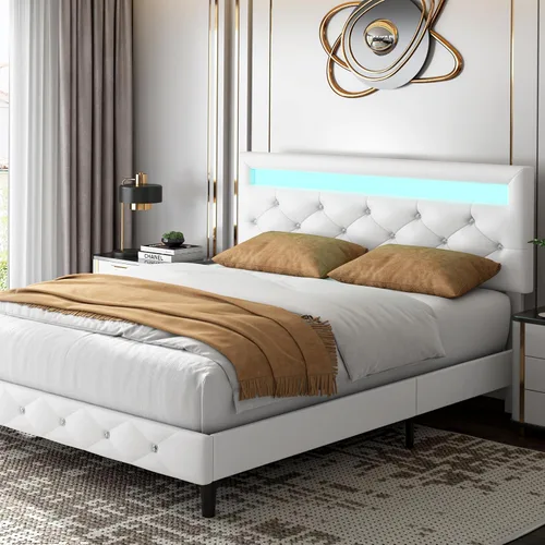 Miniatura 9 de TTVIEW Base de cama Queen con luces LED, marco de cama de plataforma de cuero con cabecera tapizada ajustable, luces LED de control de aplicación