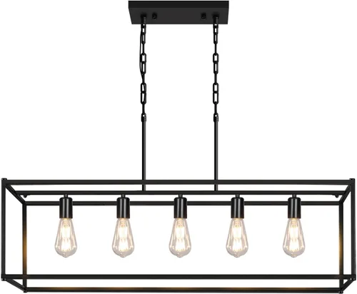Miniatura 16 de Lámpara colgante estilo granja, luces colgantes negras para isla de cocina, luz colgante de metal industrial y madera vintage, lámpara de techo