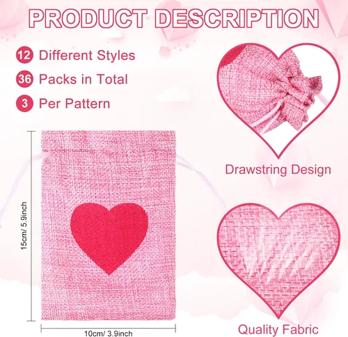 Miniatura 4 de 36 bolsas de arpillera de corazón para el día de San Valentín, 4 x 6 pulgadas, con cordón, pequeñas bolsas de joyería de lino, bolsas con cordón