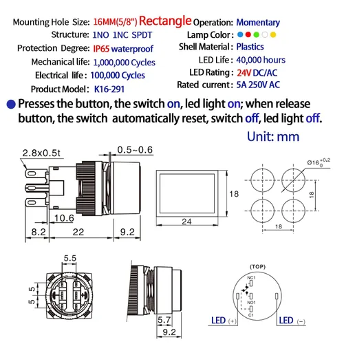 Miniatura 2 de Interruptor de botón rectangular de 0.630 in, contacto plateado, certificado UL con luz de 24 V CC SPDT de 5 pines de encendido/apagado con cable