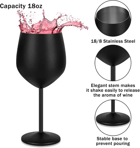 Miniatura 2 de Lifecapido Copas de Vino de Acero Inoxidable, Copas de Vino con Tallo de Acero Inoxidable de 18 oz, Copas de Vino de Metal con Tallo con Cepillo